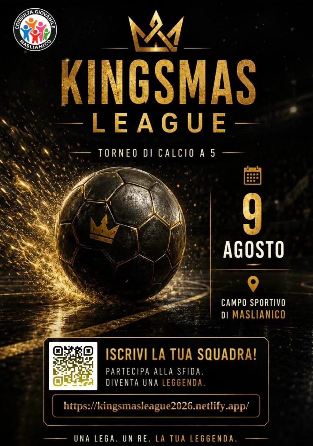 Locandina Kingsmas League 2026 - Torneo di Calcio a 5 a Maslianico (Como)