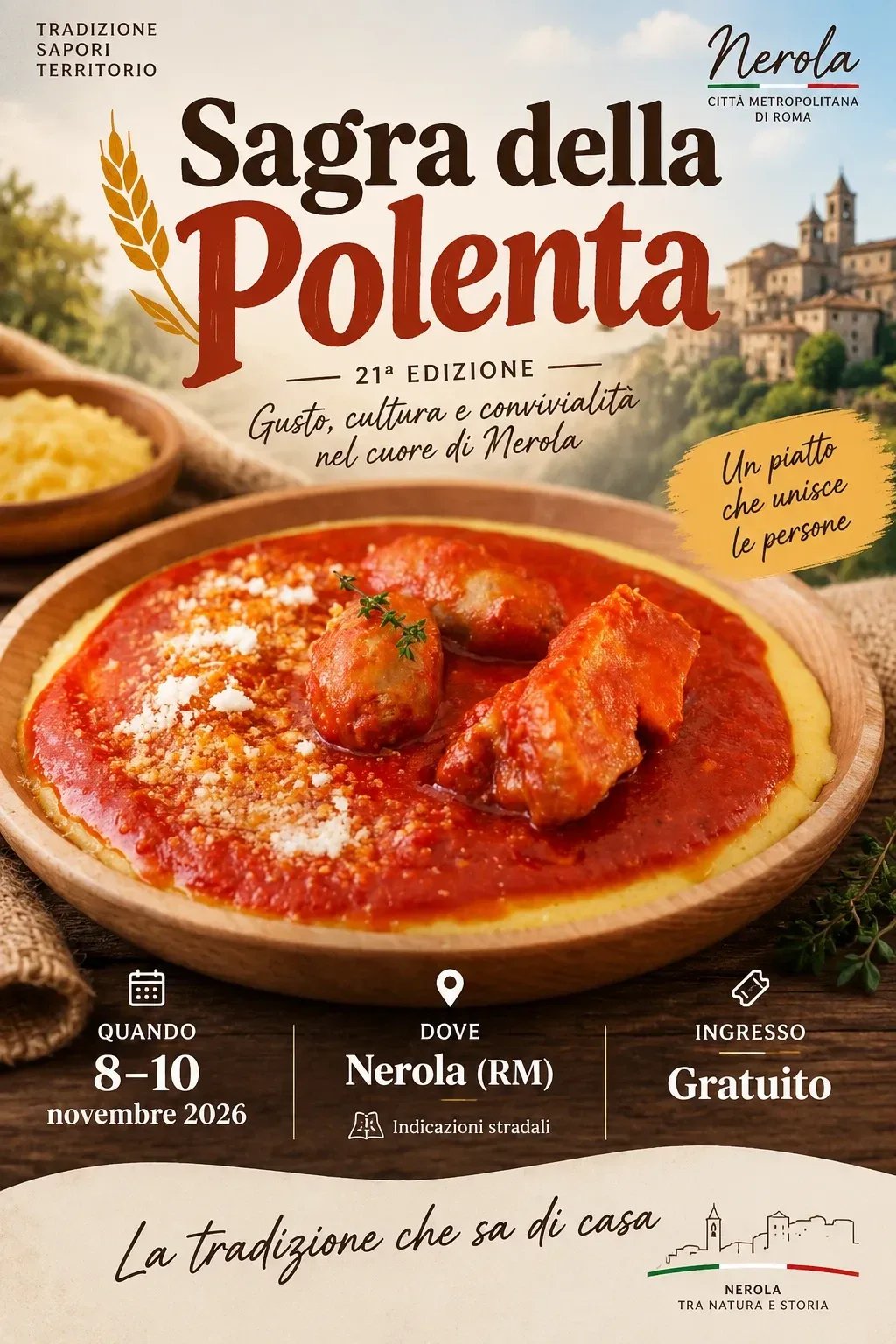 Locandina 21ª Sagra della Polenta 2026 a Nerola (Roma)