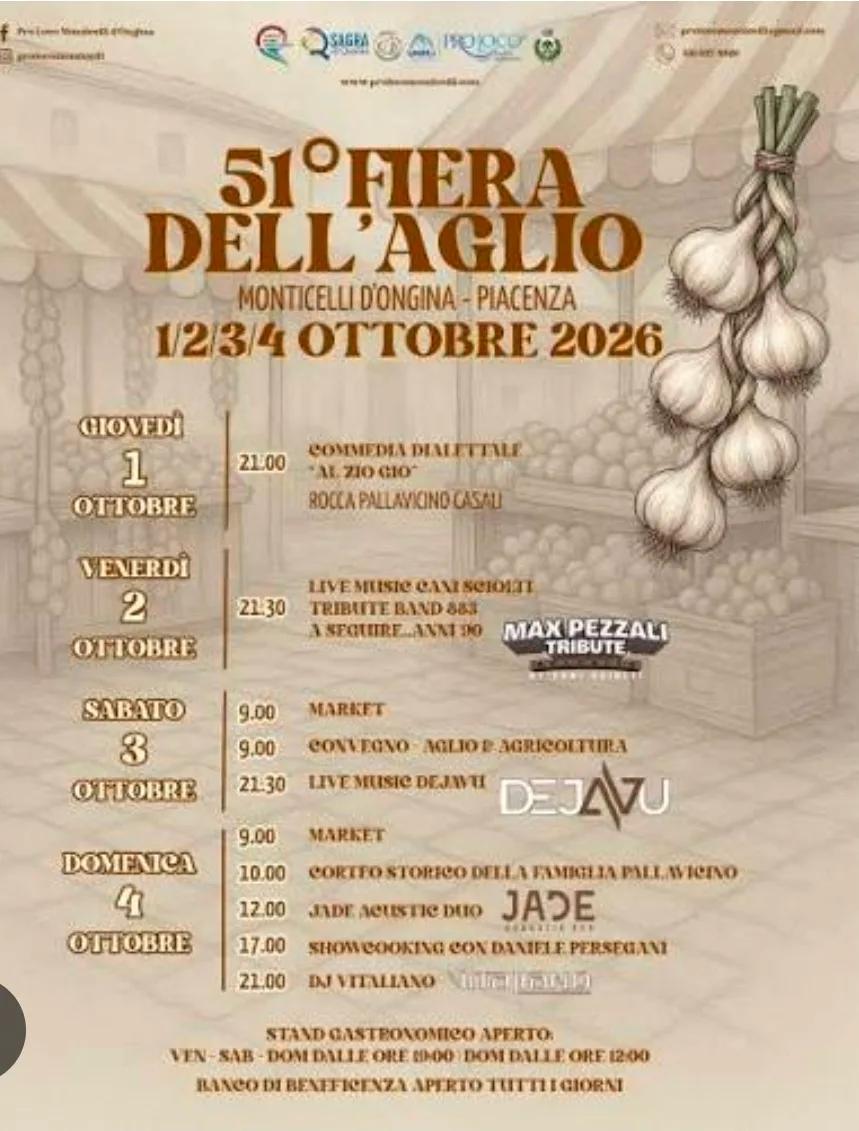 Locandina 51° Fiera dell'Aglio e Fiera Aglio 2026 a Monticelli d'Ongina (Piacenza)