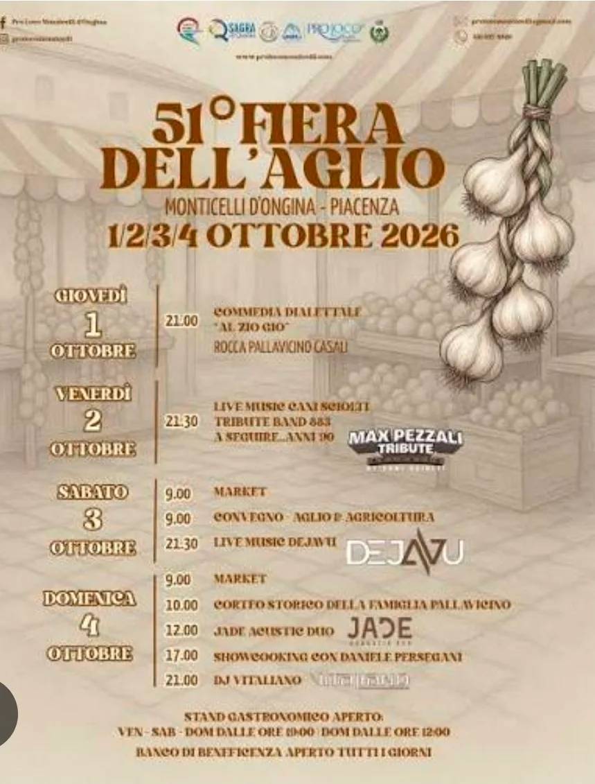 Locandina 51° Fiera dell'Aglio e Fiera Aglio 2026 a Monticelli d'Ongina (Piacenza)