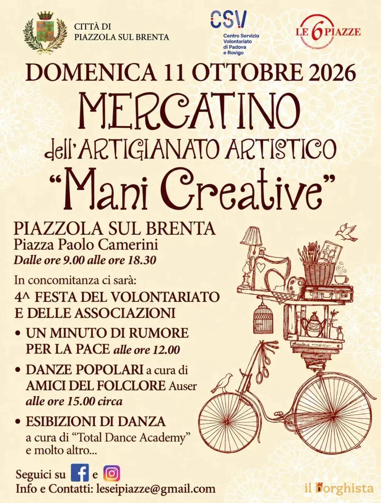 Locandina Mercatino dell'Artigianato Artistico Mani Creative 2026 a Piazzola sul Brenta (Padova)
