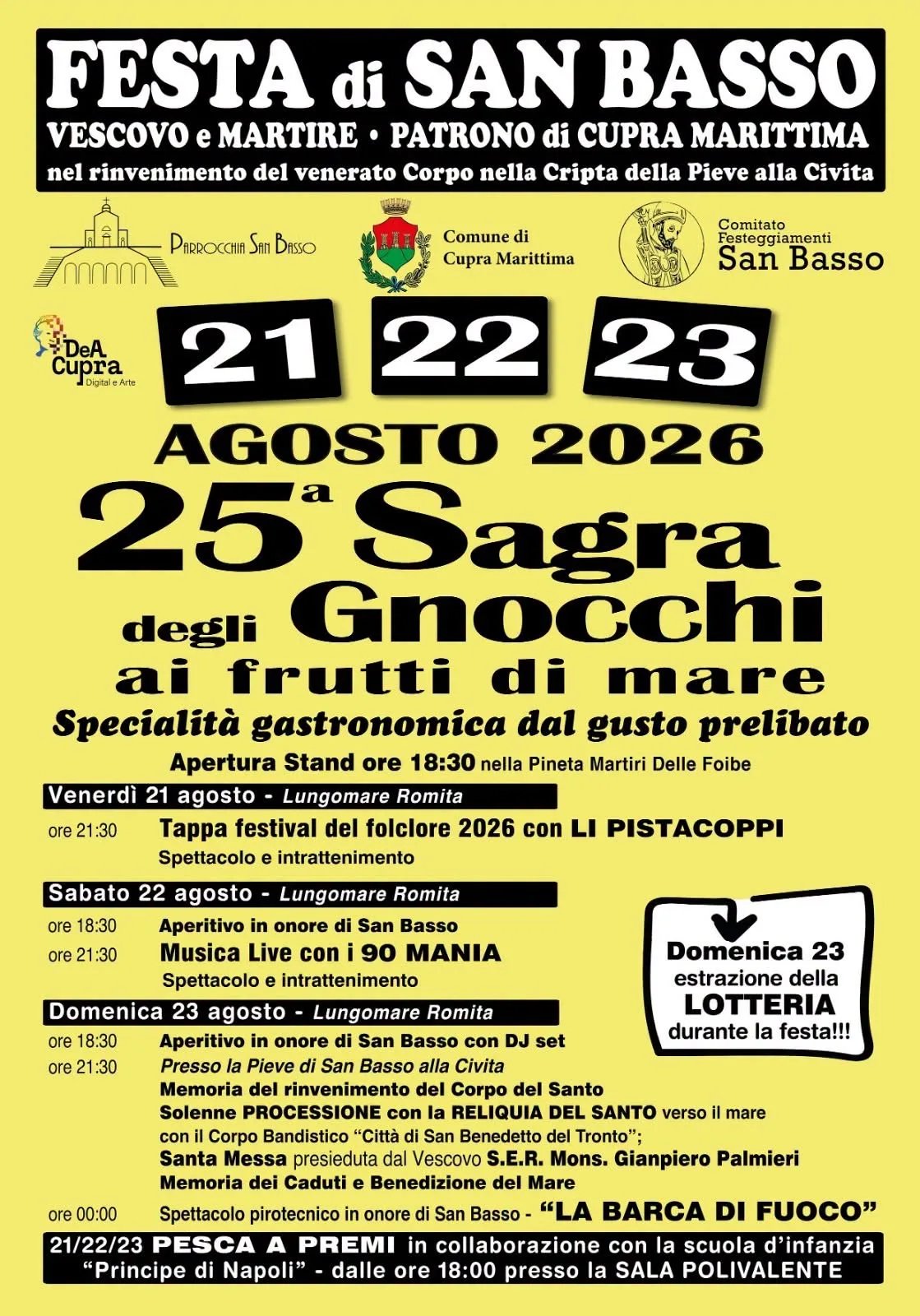 Locandina 25ª Sagra degli Gnocchi ai frutti di mare a Cupra Marittima (Ascoli Piceno)