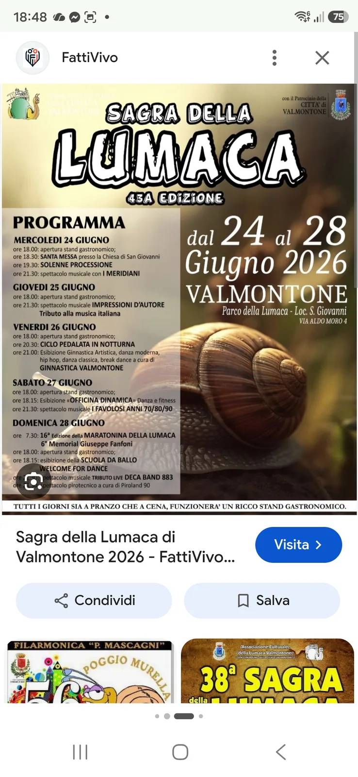 Locandina Maratonina della Lumaca 16ª ed. e Sagra della Lumaca 2026 a Valmontone (Roma)