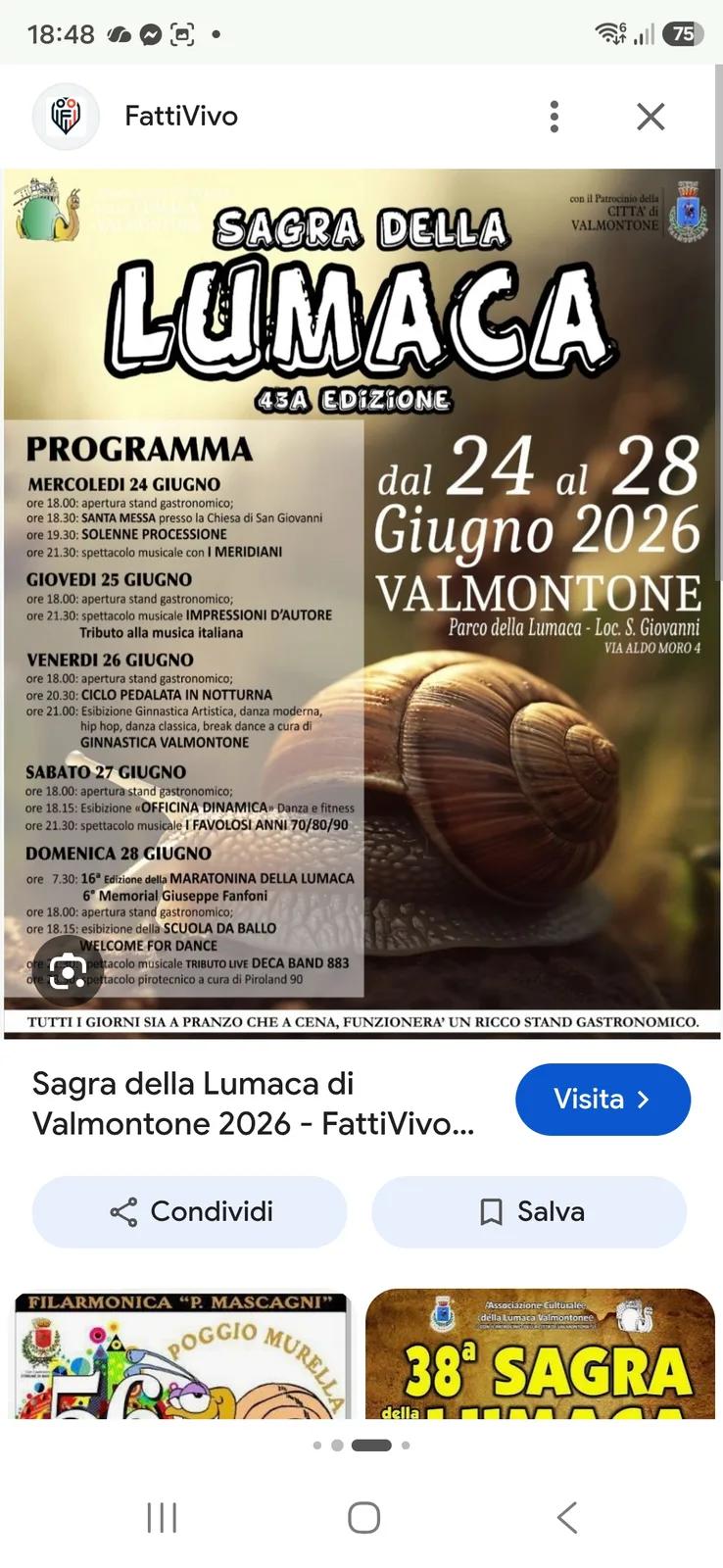 Locandina Maratonina della Lumaca 16ª ed. e Sagra della Lumaca 2026 a Valmontone (Roma)