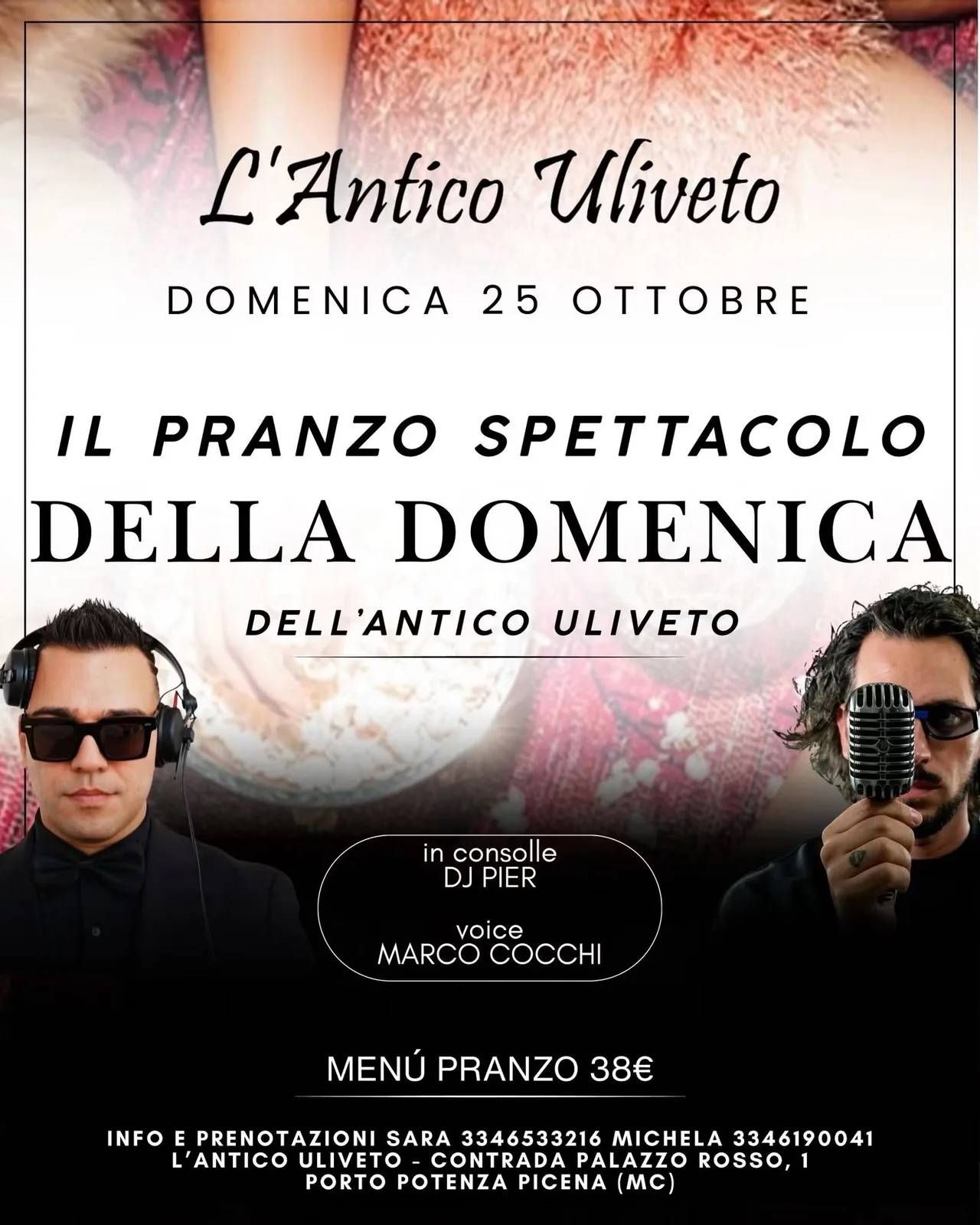 Locandina Il Pranzo Spettacolo della Domenica dell'Antico Uliveto 2026 a Potenza Picena (Macerata)