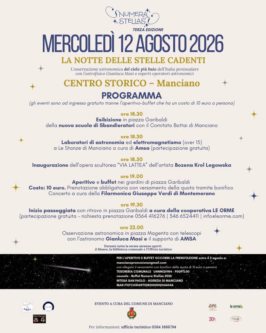 Locandina 3ª Numera Stellas 2026 - La notte delle stelle cadenti a Manciano (Grosseto)
