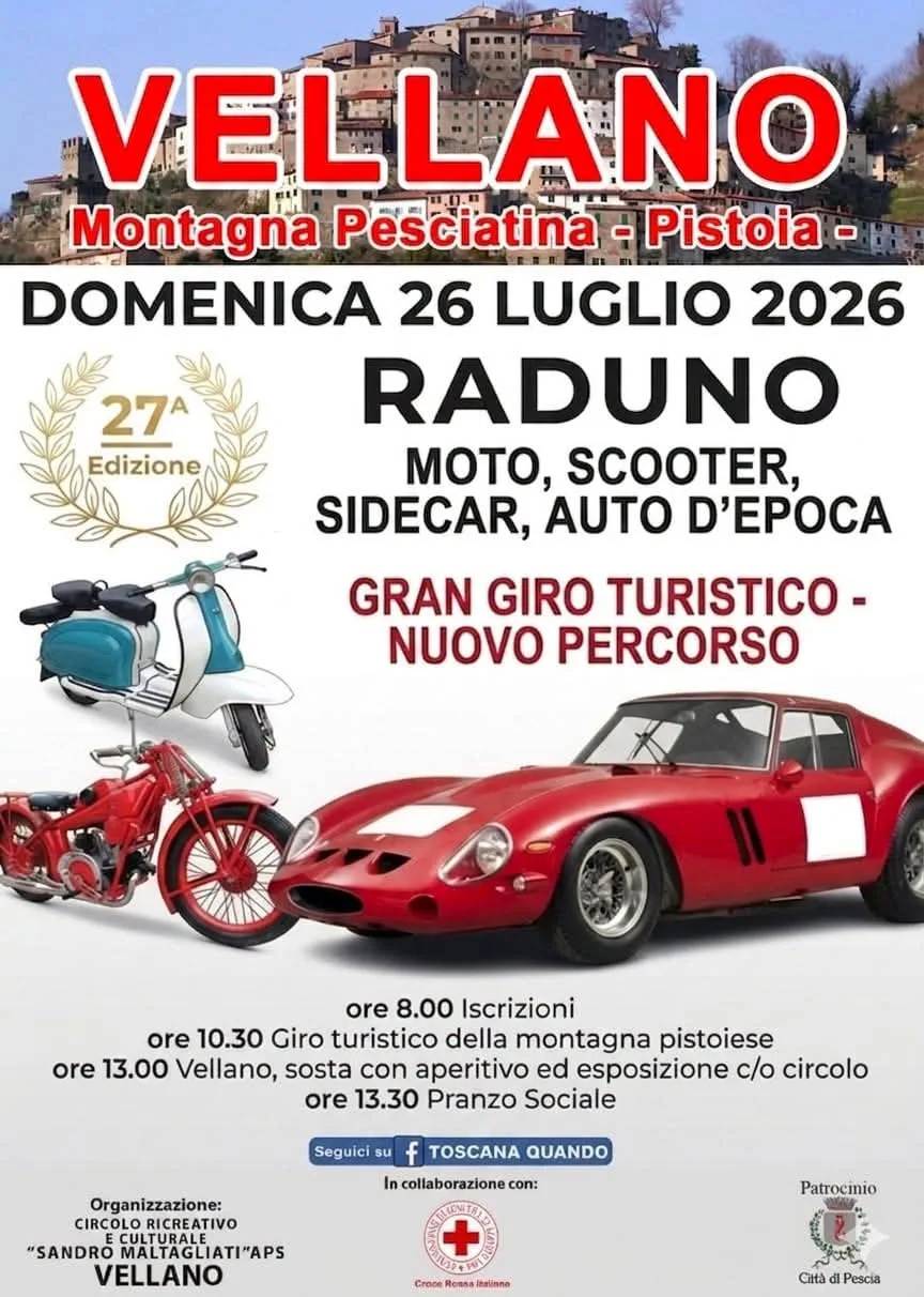 Locandina 27ª Raduno Moto Scooter Sidecar Auto d'Epoca 2026 a Pescia (Pistoia)