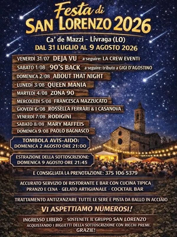Locandina Rodigini — Festa di San Lorenzo 2026 a Livraga (Lodi)