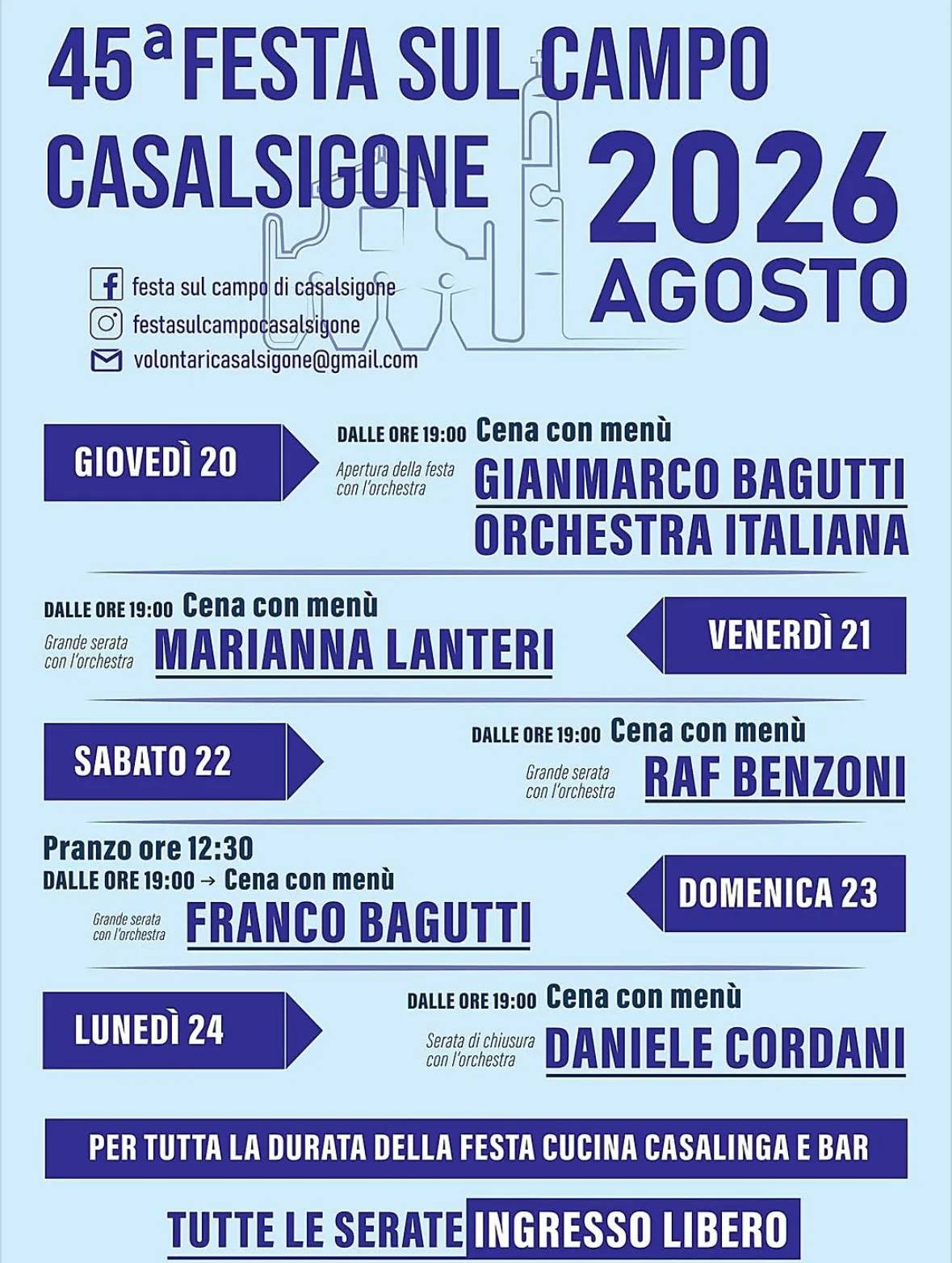 Locandina 45ª Festa sul Campo Casalsigone — Franco Bagutti 2026 a Pozzaglio ed Uniti (Cremona)