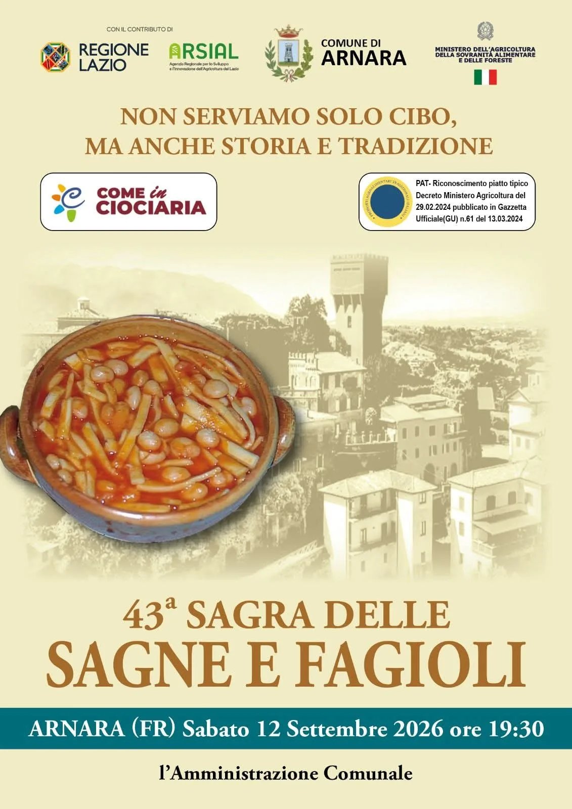 Locandina 43ª Sagra delle Sagne e Fagioli 2026 a Arnara (Frosinone)
