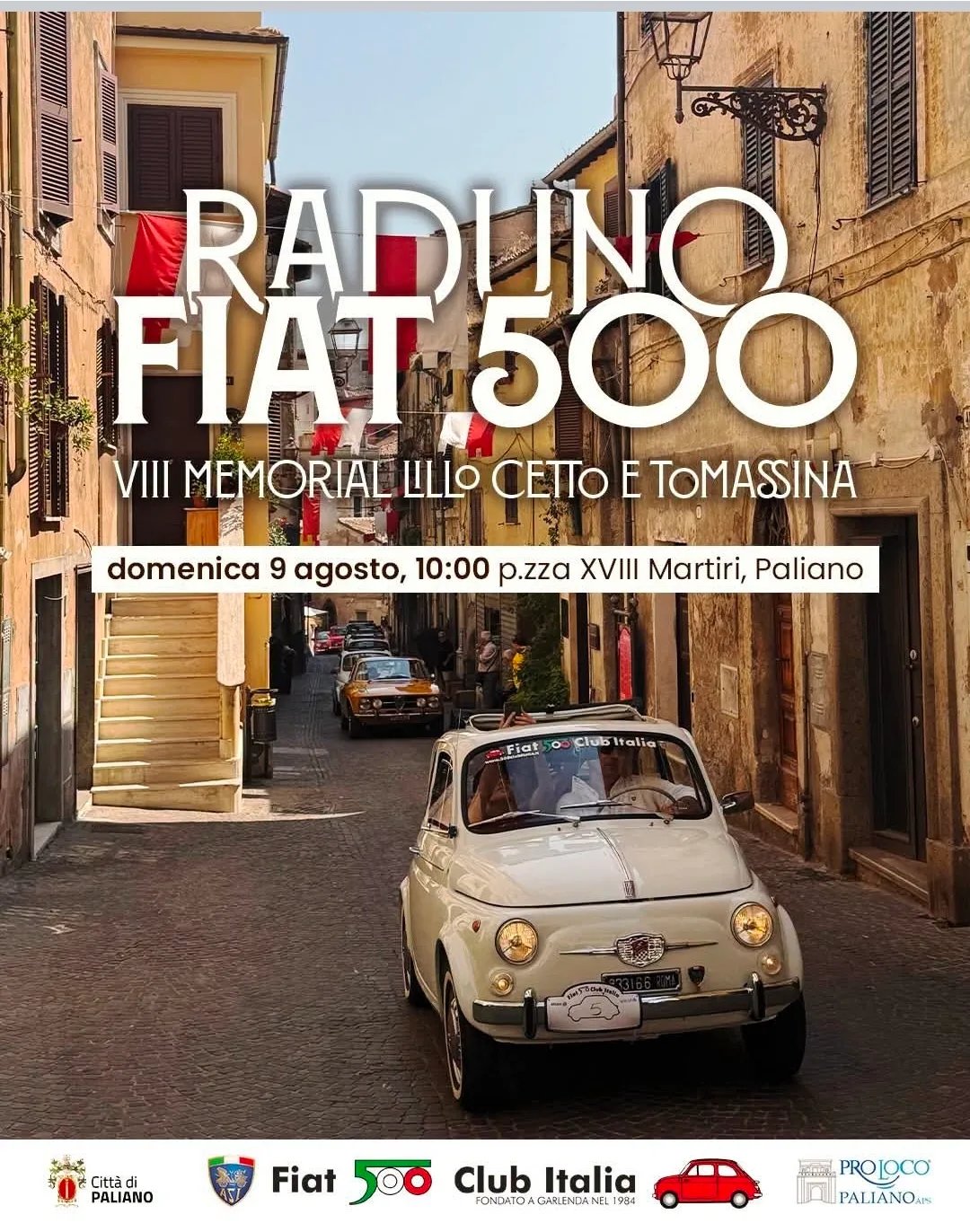 Locandina VIII Memorial Lillo Cetto e Tomassina - Raduno Fiat 500 2026 a Paliano (Frosinone)