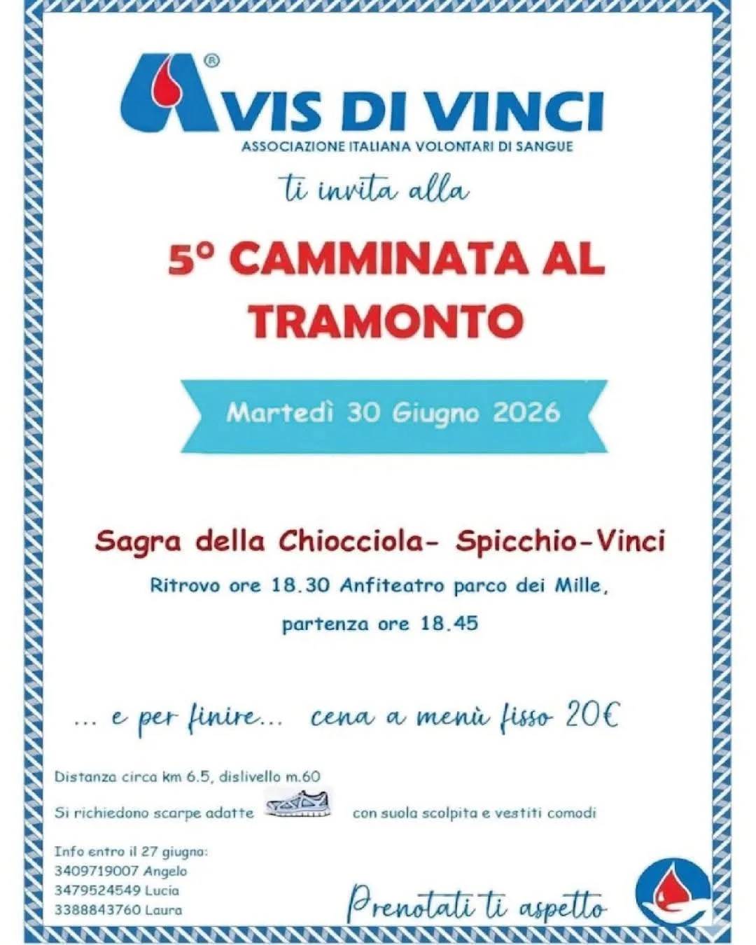 Locandina 5° Camminata al Tramonto 2026 a Vinci (Firenze)