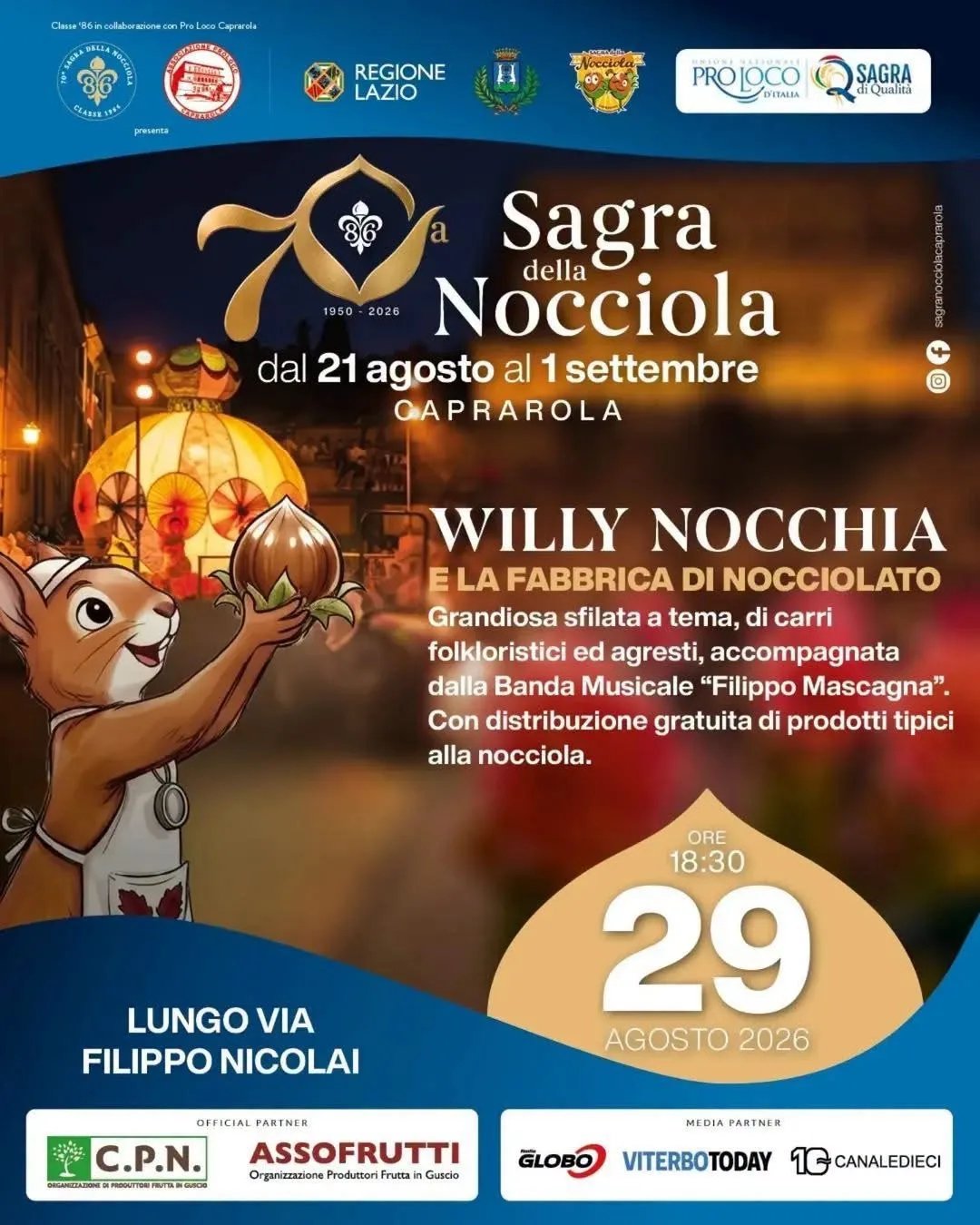 Locandina 70ª Sagra della Nocciola 2026 a Caprarola (Viterbo)