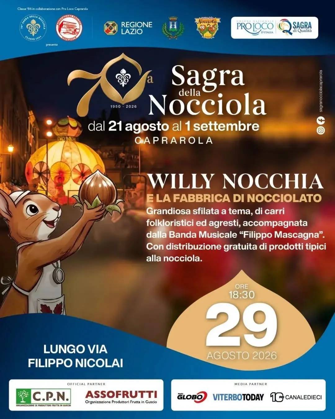 Locandina 70ª Sagra della Nocciola 2026 a Caprarola (Viterbo)