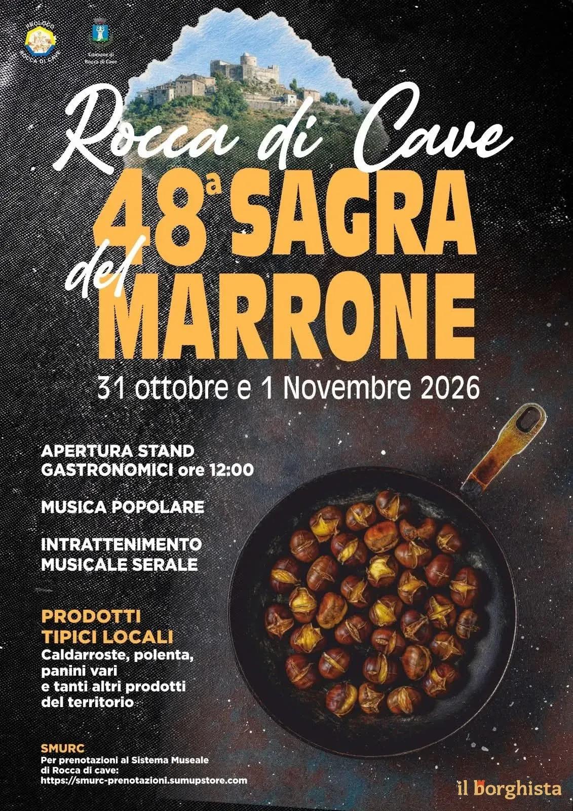 Locandina 48ª Sagra del Marrone 2026 a Rocca di Cave (Roma)