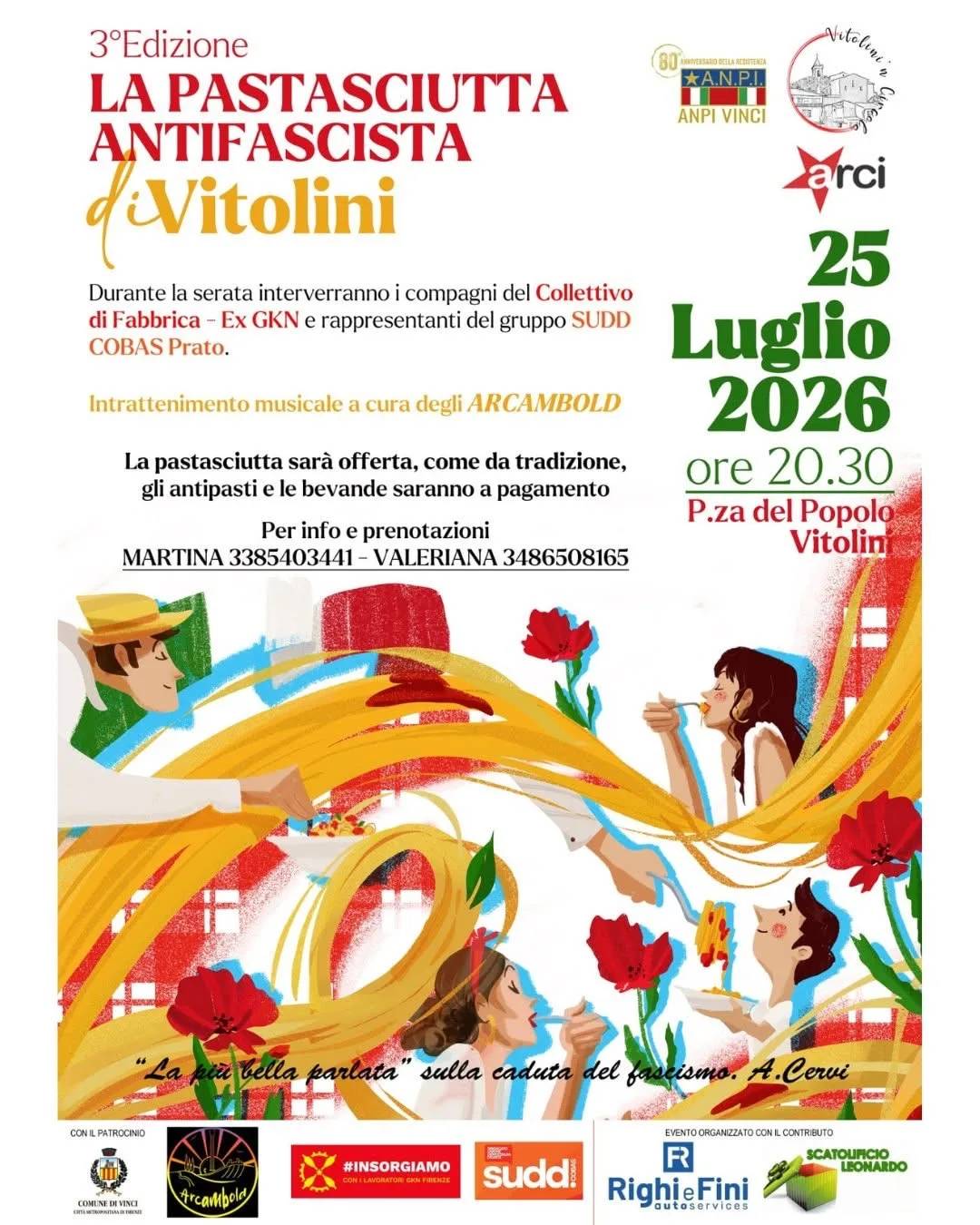 Locandina 3ª Edizione La Pastasciutta Antifascista di Vitolini 2026 a Vinci (Firenze)