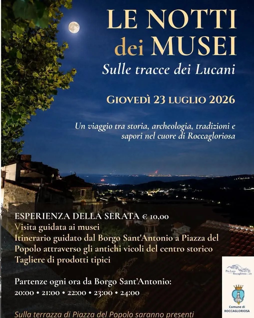 Locandina Le Notti dei Musei – Sulle tracce dei Lucani 2026 a Roccagloriosa (Salerno)