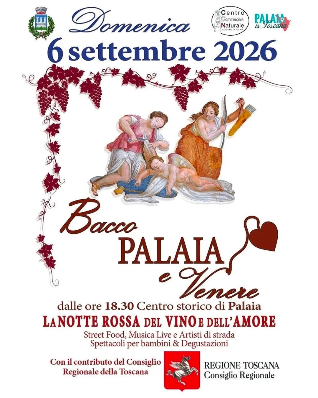 Locandina La Notte Rossa del Vino e dell'Amore 2026 a Palaia (Pisa)