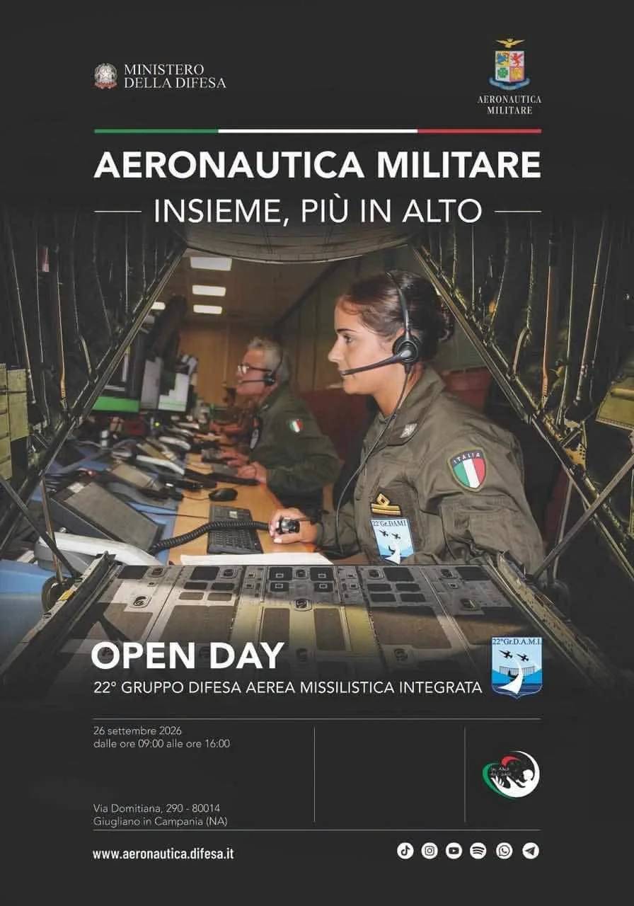 Locandina Open Day 22° Gruppo Difesa Aerea Missilistica Integrata 2026 a Giugliano in Campania (Napoli)