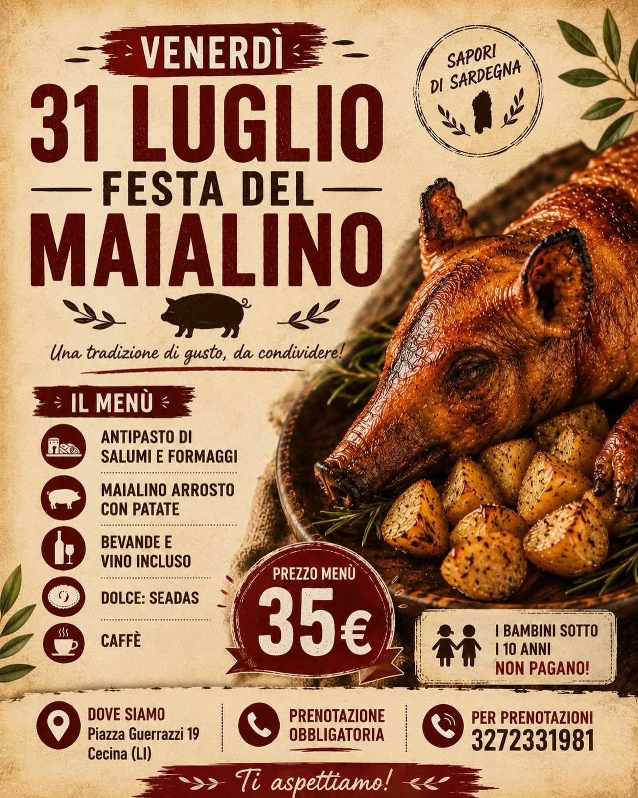 Locandina Festa del Maialino Sapori di Sardegna 2026 a Cecina (Livorno)