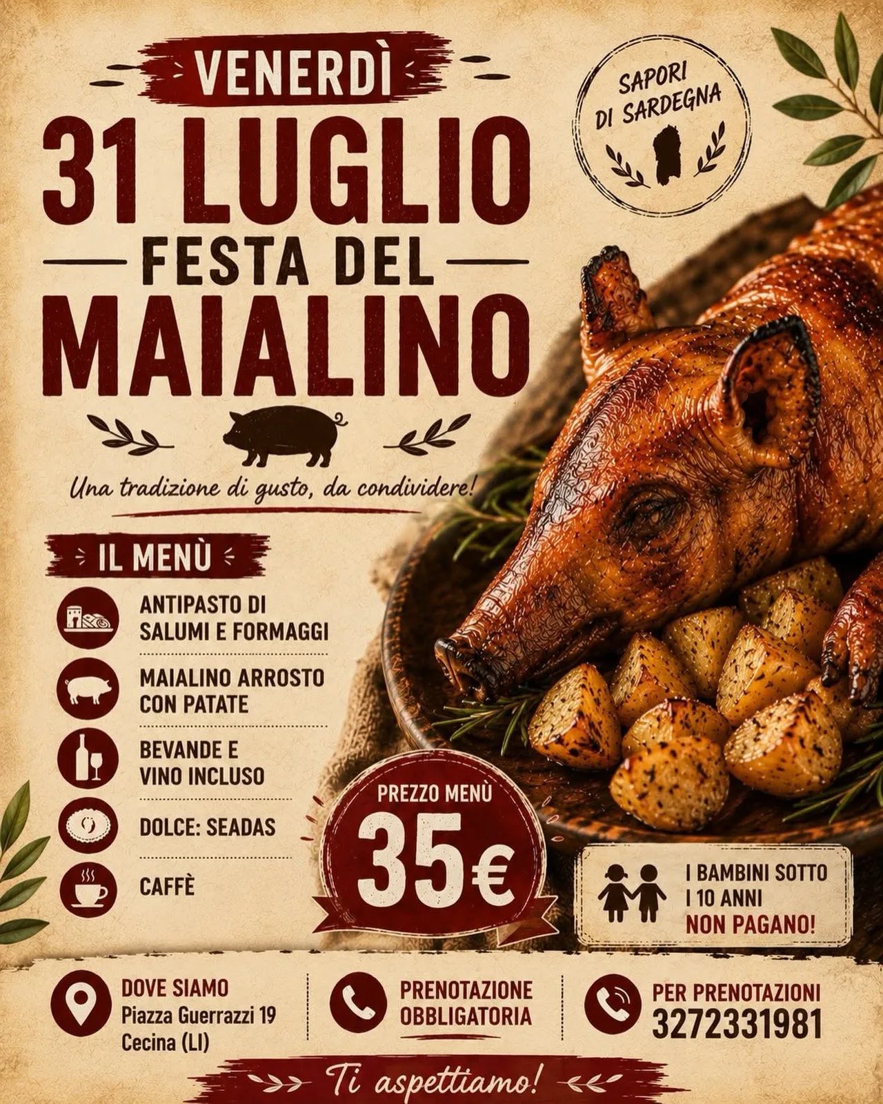 Locandina Festa del Maialino Sapori di Sardegna 2026 a Cecina (Livorno)