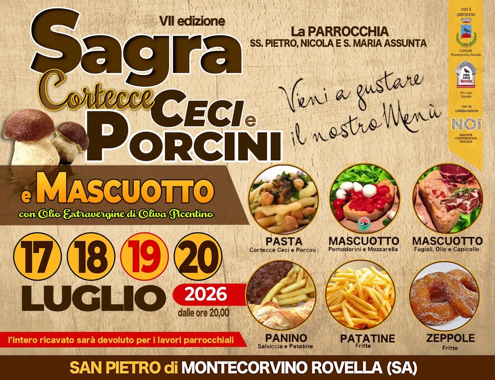 Locandina VII Edizione Sagra Cortecce Ceci e Porcini e Mascuotto 2026 a Montecorvino Rovella (Salerno)