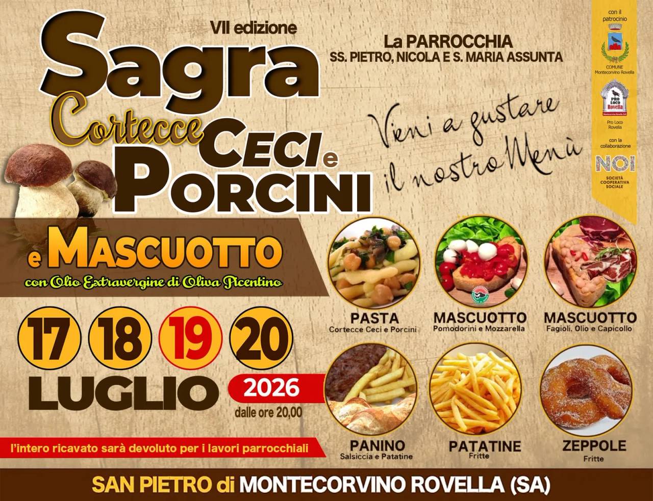 Locandina VII Edizione Sagra Cortecce Ceci e Porcini e Mascuotto 2026 a Montecorvino Rovella (Salerno)