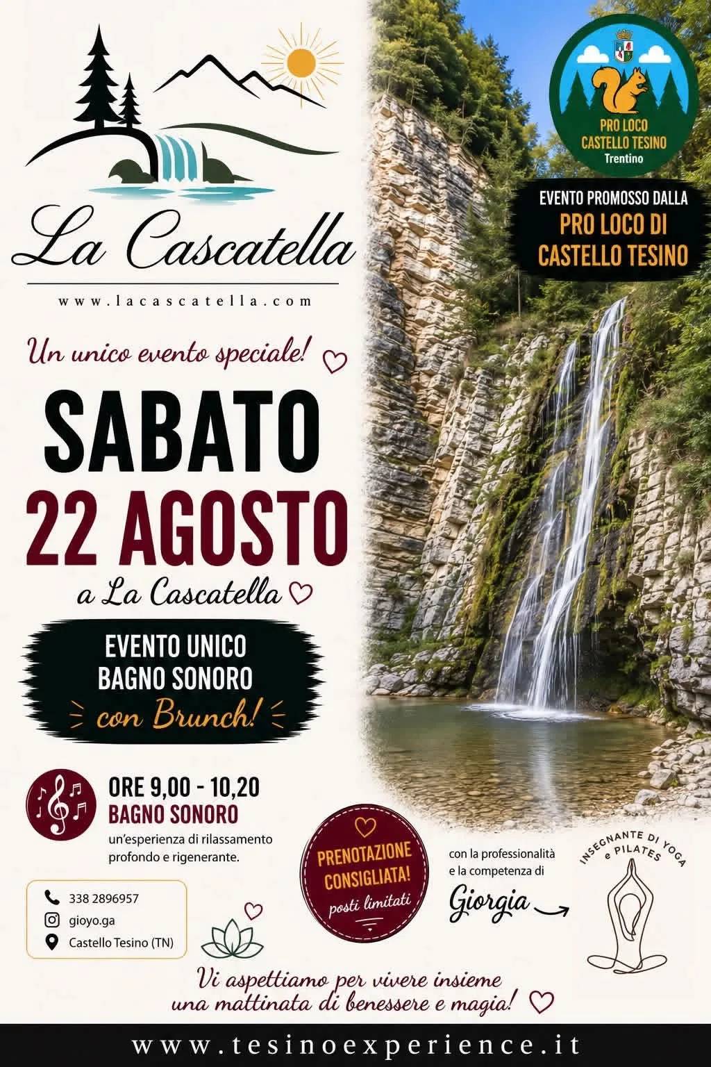 Locandina La Cascatella 2026 - Evento unico Bagno Sonoro con Brunch a Castello Tesino (Trento)