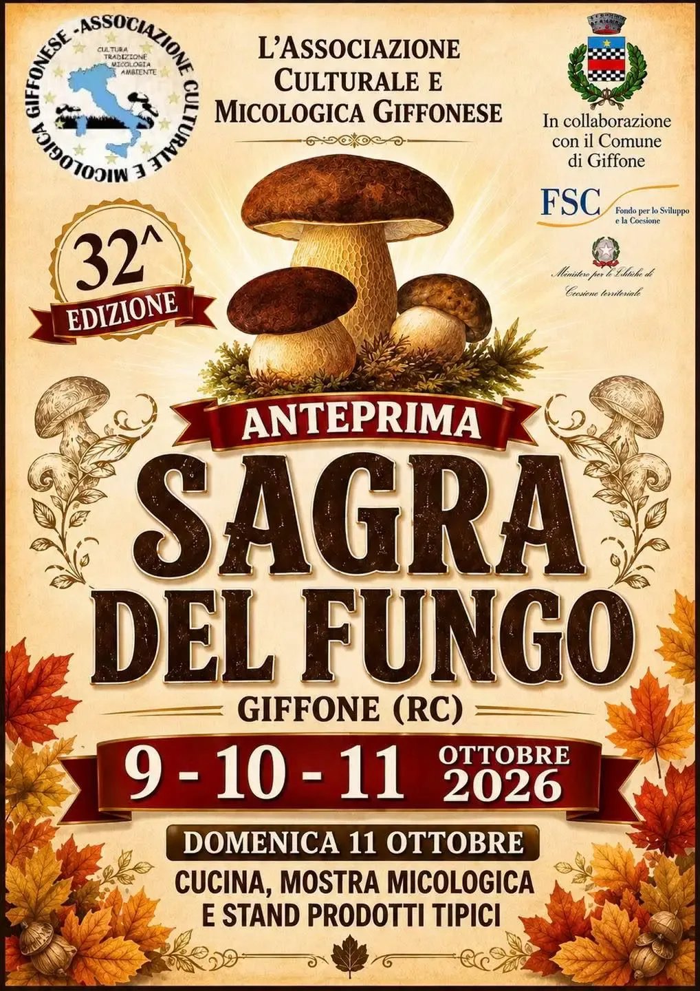 Locandina 32ª Sagra del Fungo 2026 a Giffone (Reggio Calabria)