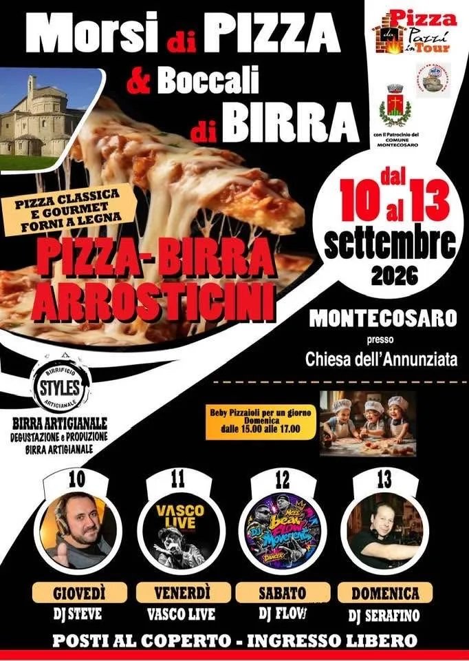 Locandina Morsi di Pizza & Boccali di Birra 2026 a Montecosaro (Macerata)