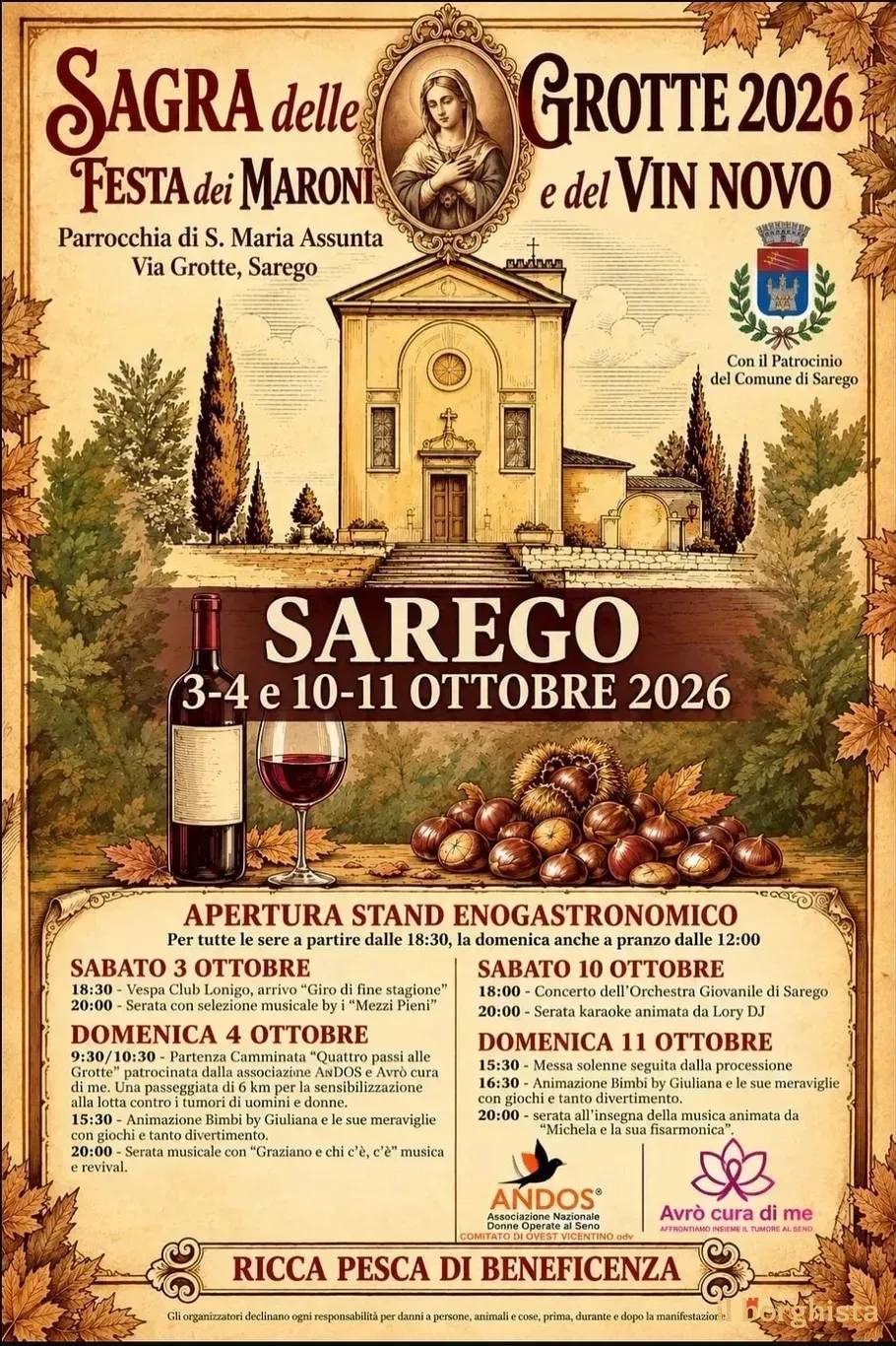 Locandina Sagra delle Grotte e del Vin Novo – Festa dei Maroni 2026 a Sarego (Vicenza)