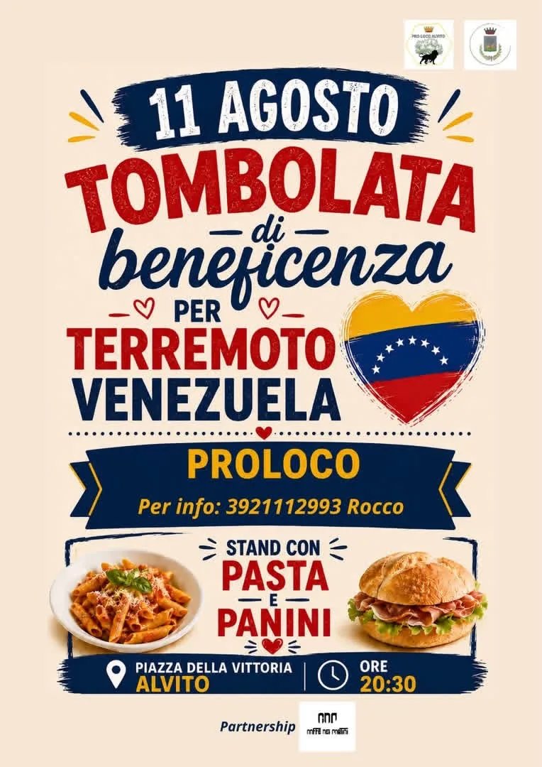 Locandina Tombolata di Beneficenza per Terremoto Venezuela 2026 a Alvito (Frosinone)