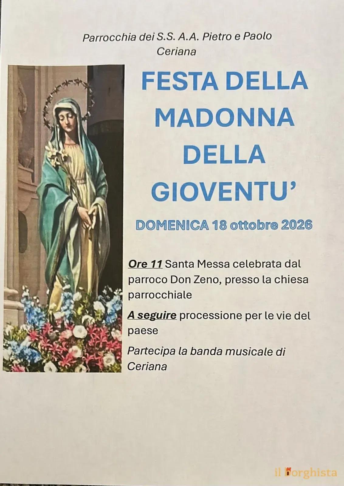 Locandina Festa della Madonna della Gioventù 2026 a Ceriana (Imperia)