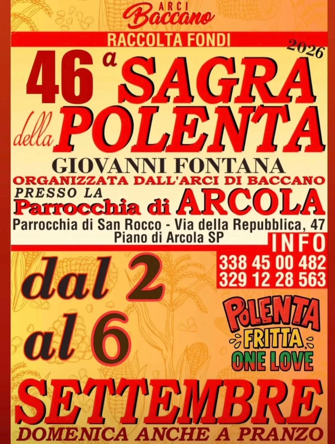 Locandina 46ª Sagra della Polenta Giovanni Fontana 2026 a Arcola (SP)
