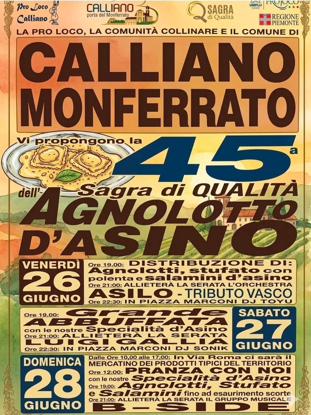 Locandina 45ª Sagra di Qualità dell'Agnolotto d'Asino 2026 a Calliano (Asti)