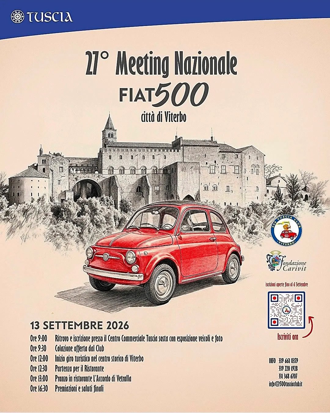 Locandina 27° Meeting Nazionale FIAT500 2026 a Viterbo (VT)