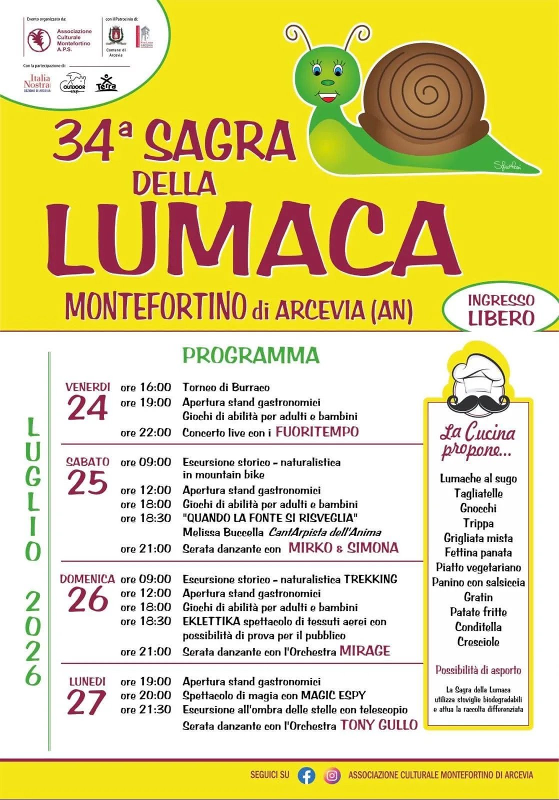 Locandina 34ª Sagra della Lumaca 2026 a Arcevia (Ancona)