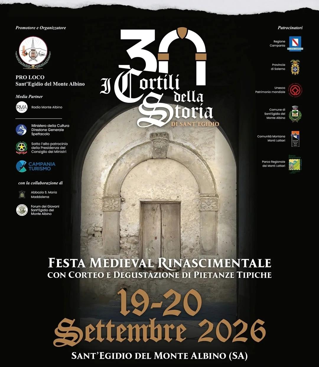 Locandina 30ª I Cortili della Storia di Sant'Egidio 2026 a Sant'Egidio del Monte Albino (Salerno)