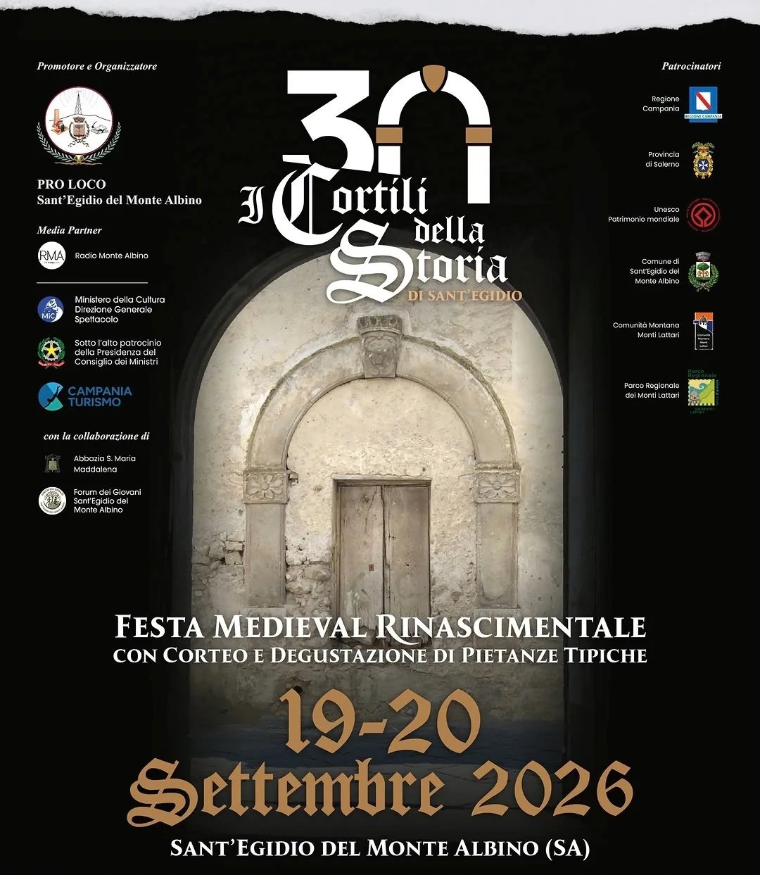 Locandina 30ª I Cortili della Storia di Sant'Egidio 2026 a Sant'Egidio del Monte Albino (Salerno)