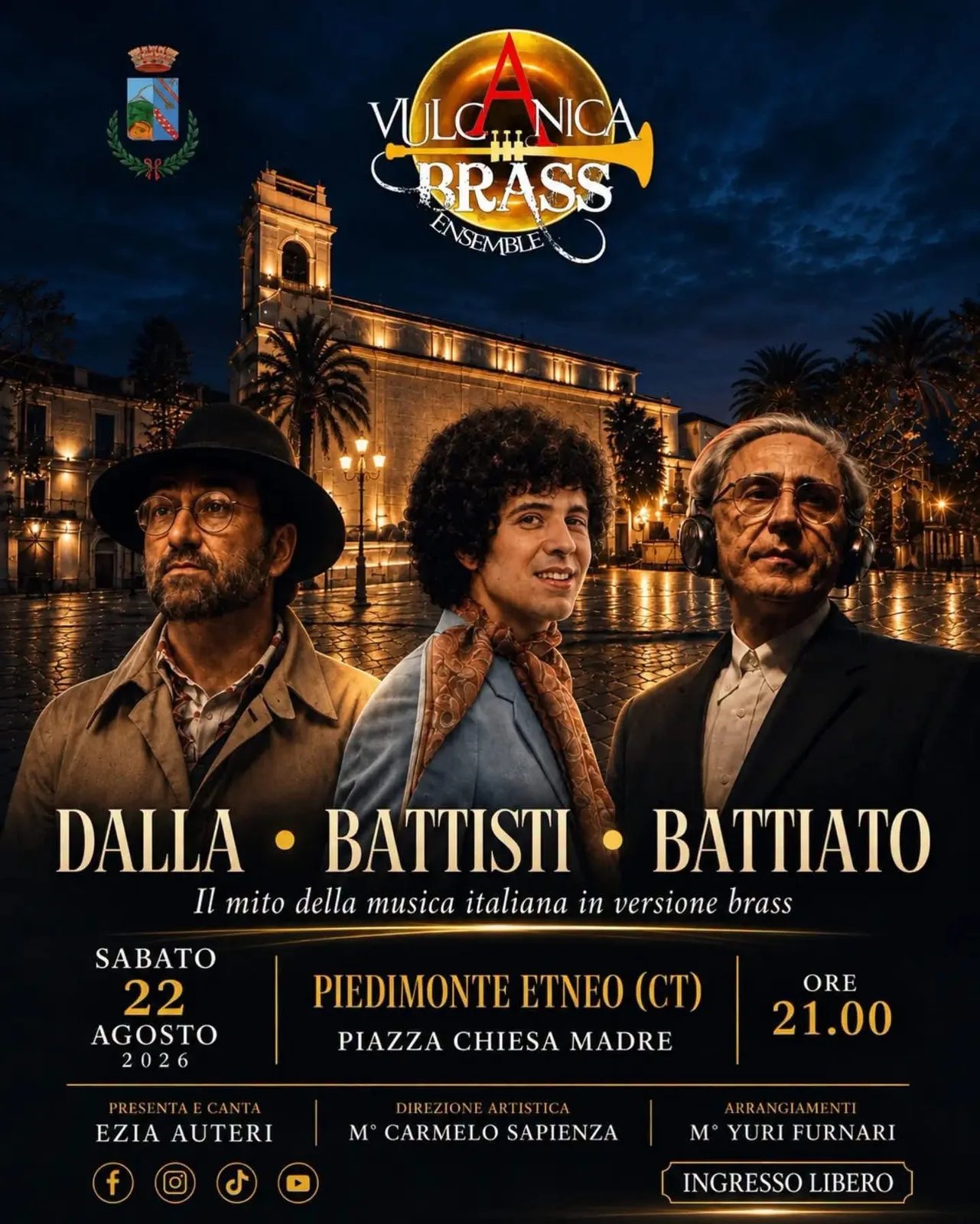 Locandina Vulcanica Brass Ensemble Dalla Battisti Battiato 2026 a Piedimonte Etneo (Catania)