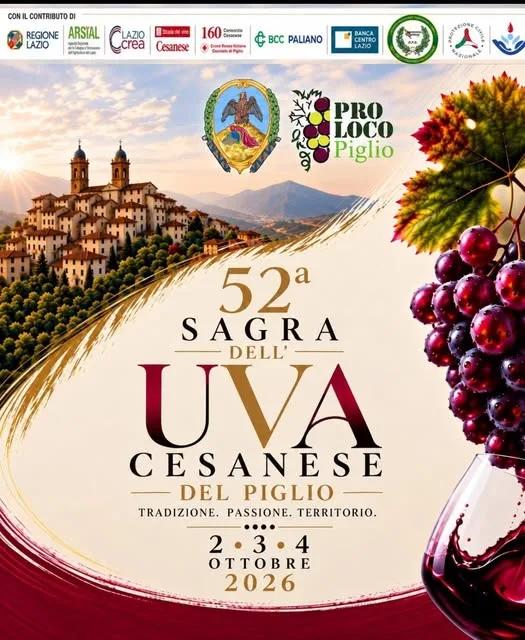 Locandina 52ª Sagra dell'Uva Cesanese del Piglio 2026 a Piglio (Frosinone)