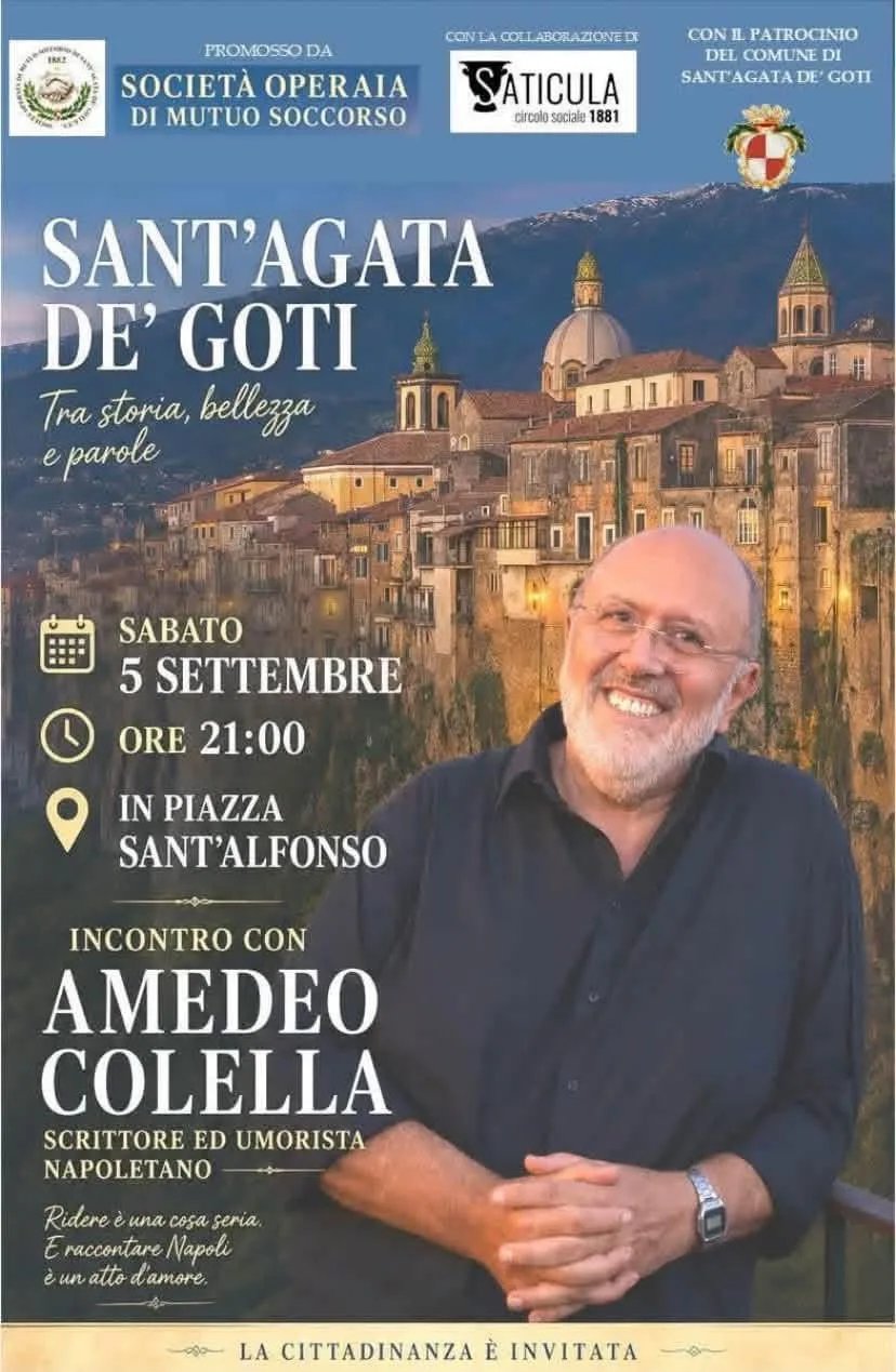 Locandina Sant'Agata De' Goti 2026 – Incontro con Amedeo Colella a Sant'Agata De' Goti (Benevento)