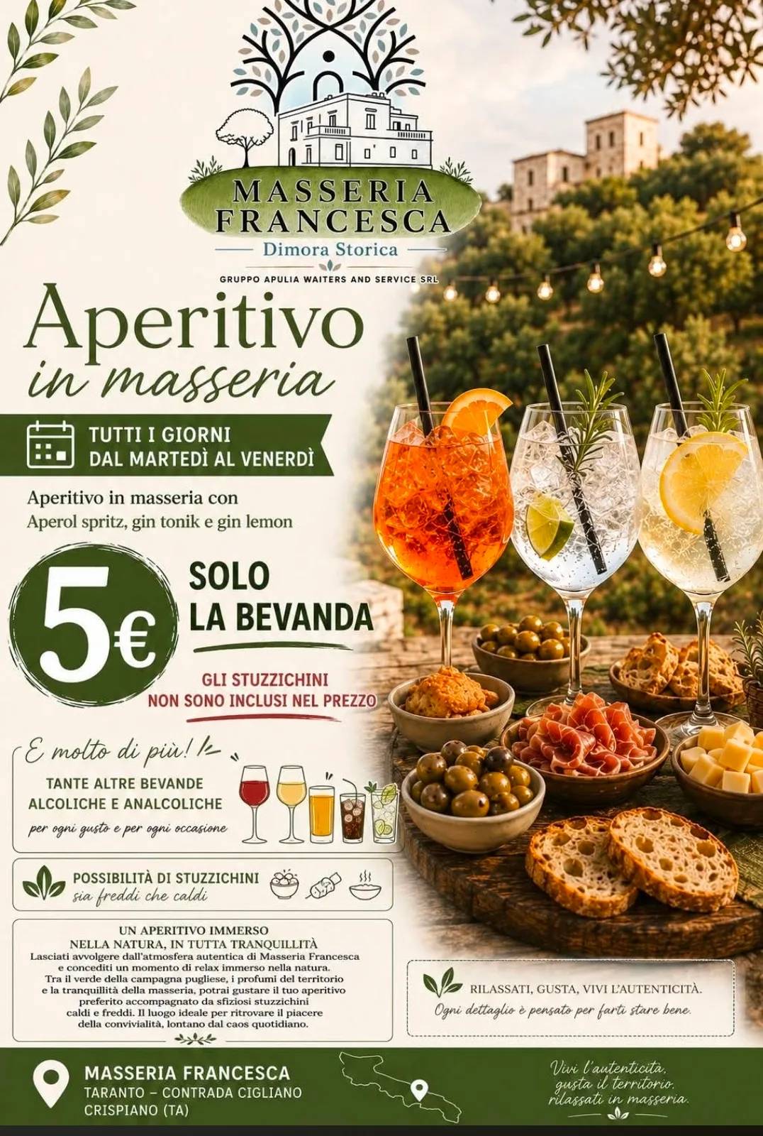Locandina Aperitivo in Masseria 2026 a Crispiano (Taranto)