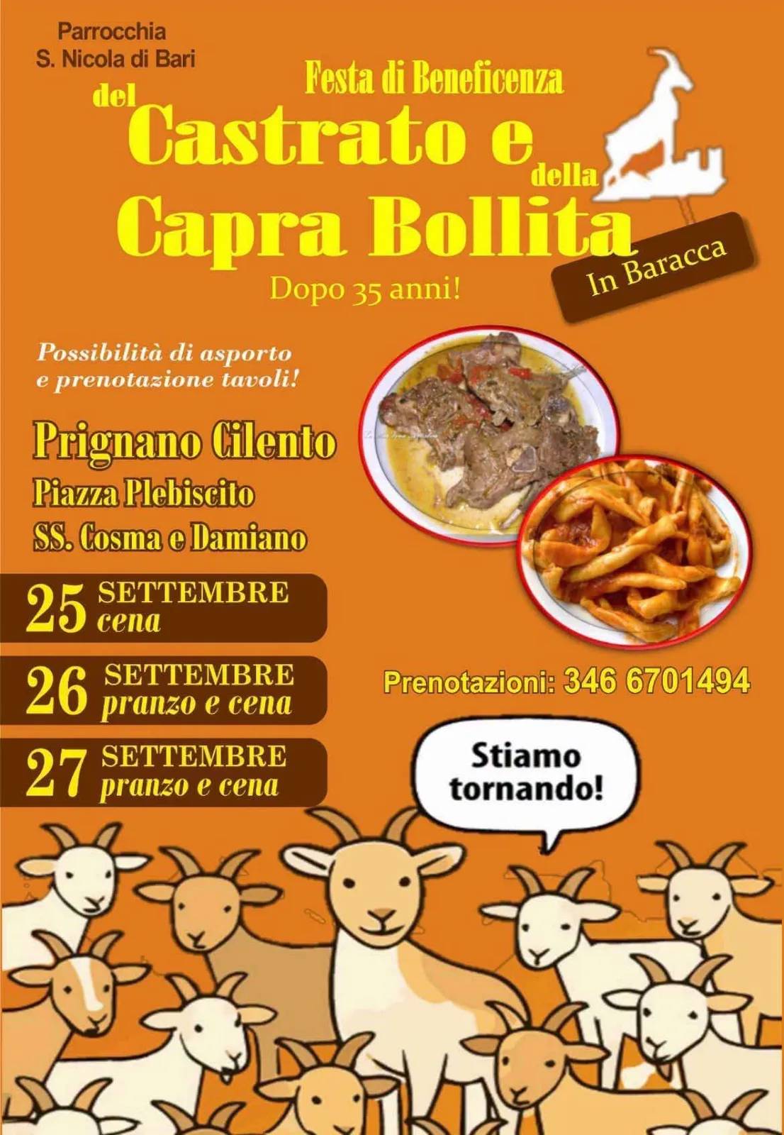Locandina Festa di Beneficenza del Castrato e della Capra Bollita 2026 a Prignano Cilento (Salerno)