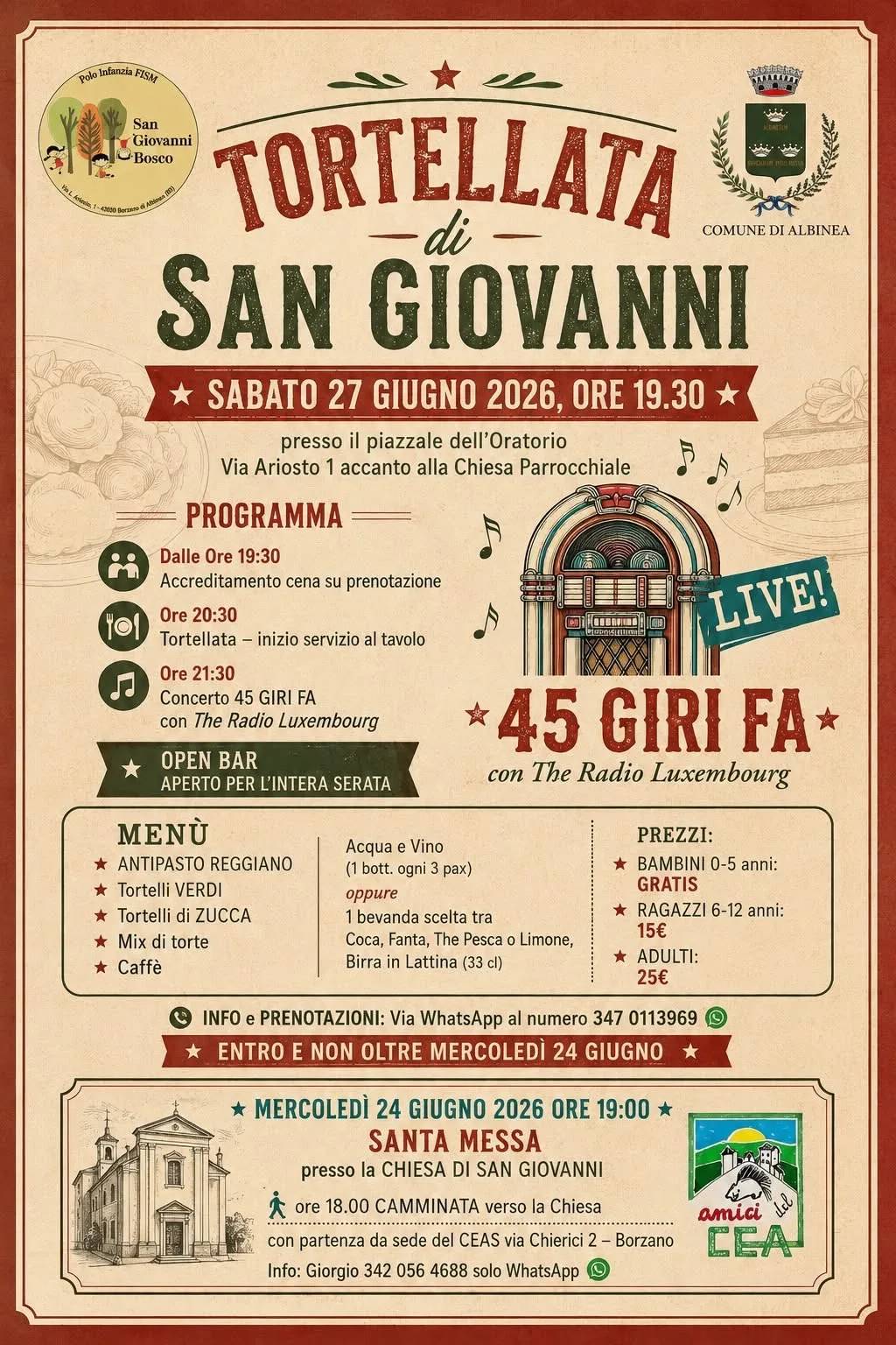Locandina Tortellata di San Giovanni 2026 a Albinea (Reggio nell'emilia)