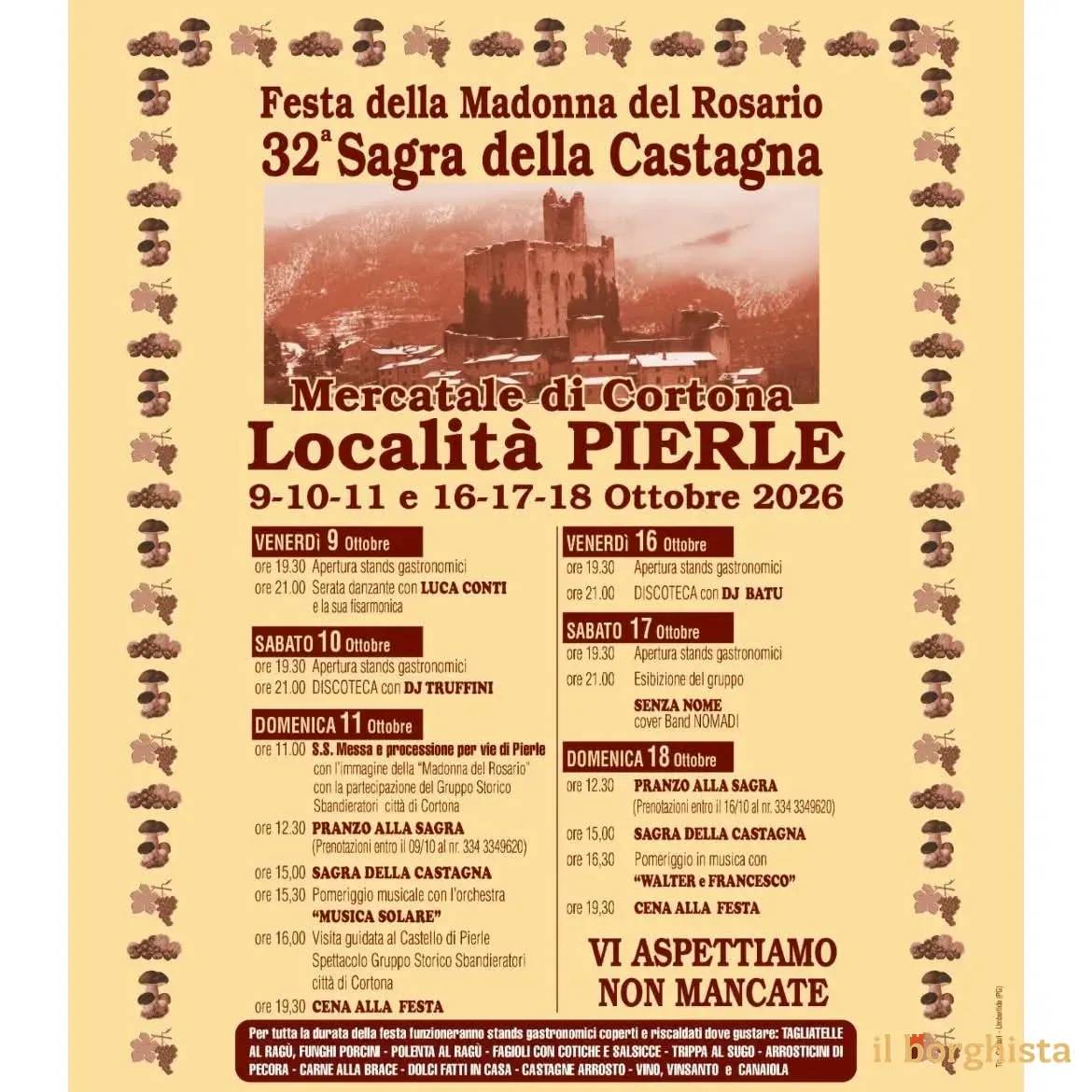 Locandina 32ª Festa della Madonna del Rosario e Sagra della Castagna 2026 a Cortona (Arezzo)