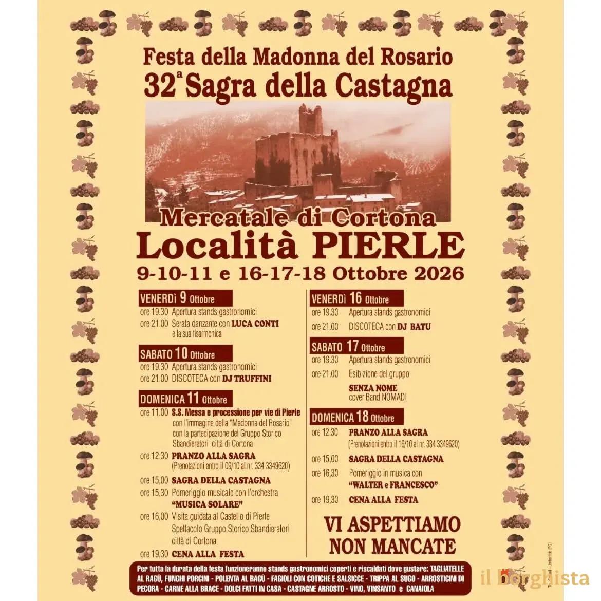 Locandina 32ª Festa della Madonna del Rosario e Sagra della Castagna 2026 a Cortona (Arezzo)
