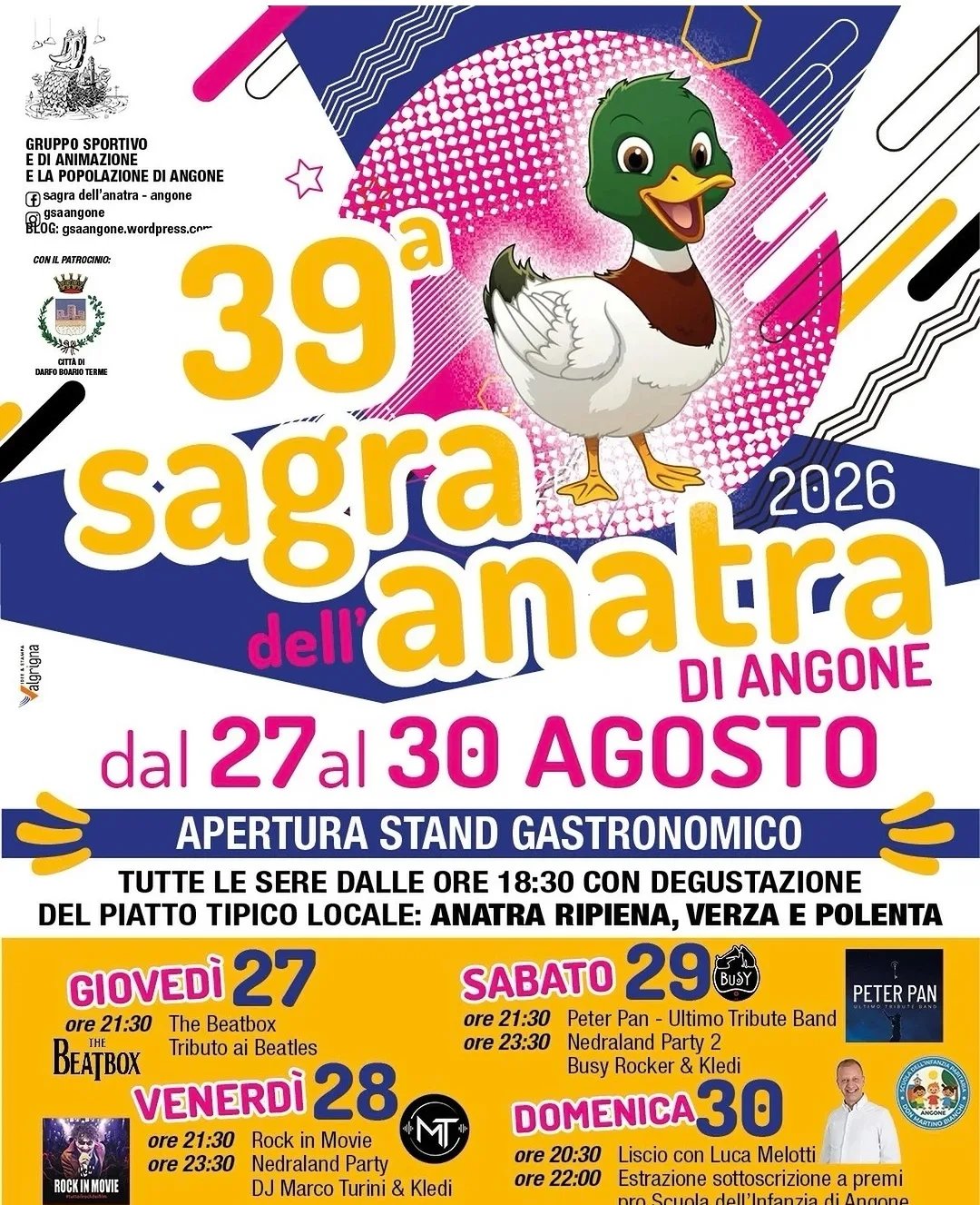 Locandina 39ª Sagra dell'Anatra di Angone — Stand 2026 a Darfo Boario Terme (Brescia)