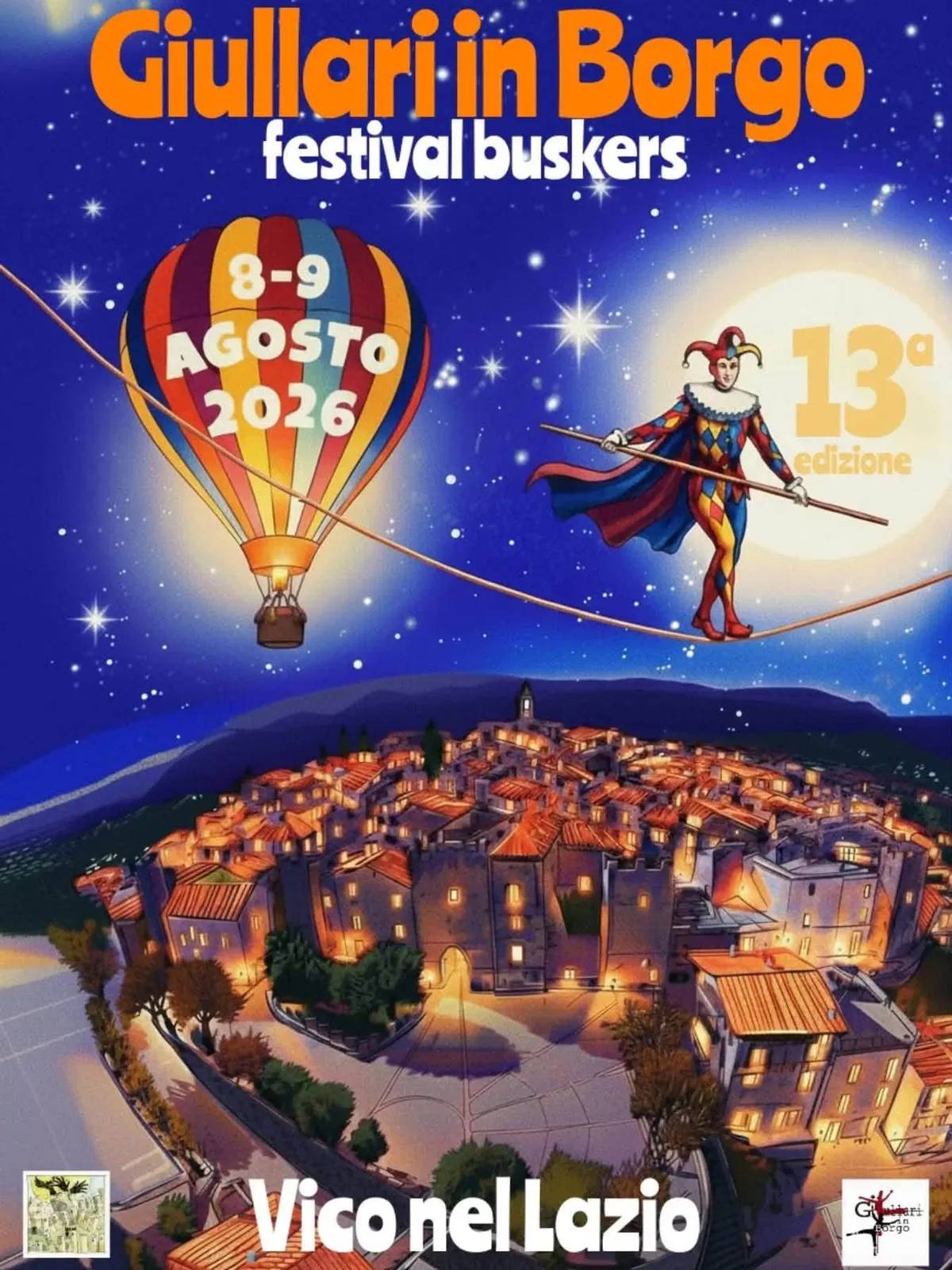 Locandina 13ª Giullari-in Borgo festival buskers 2026 a Vico nel Lazio (Frosinone)