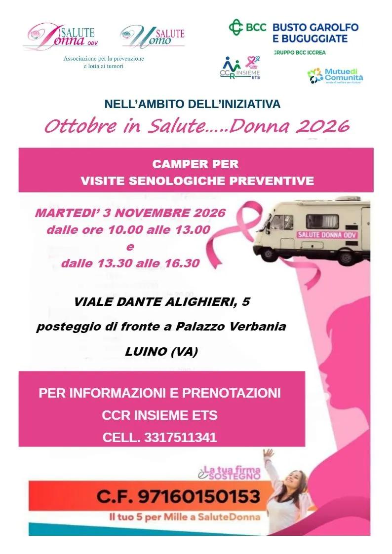 Locandina Tumore al seno, 40 visite preventive gratuite a Luino il 3 novembre: la Bcc di Busto Garolfo e Buguggiate, appena arrivata già si impegna per le residenti a Luino (Varese)